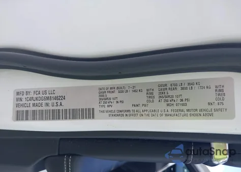 2021 Jeep Grand Cherokee L Overland 4X4 z USA, uszkodzony, nr VIN 1C4RJKDG6M8146224